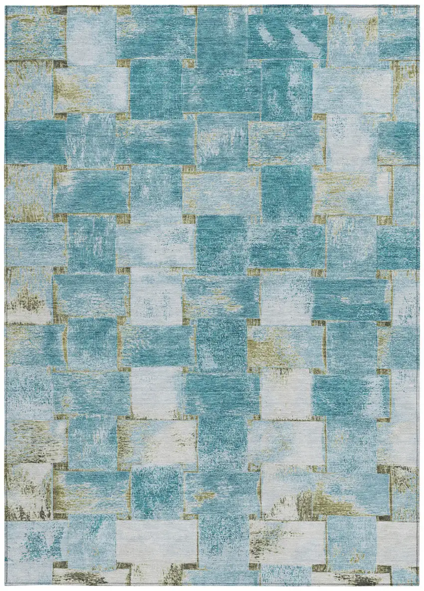 Teal Blue And Khaki Striped Washable Indoor Outdoor Area Rug Photo 4