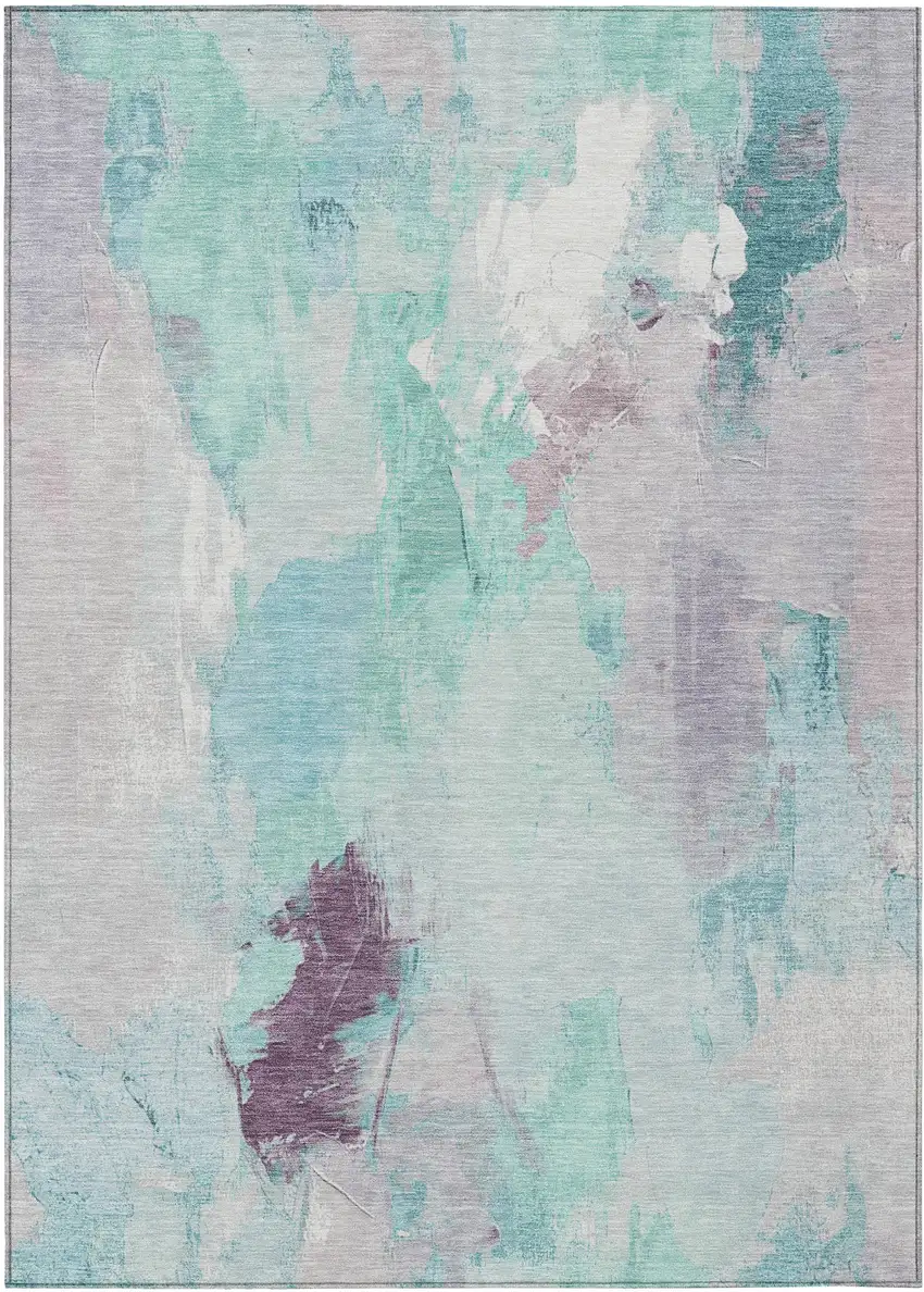 Teal Blue And Lavender Abstract Washable Indoor Outdoor Area Rug Photo 1