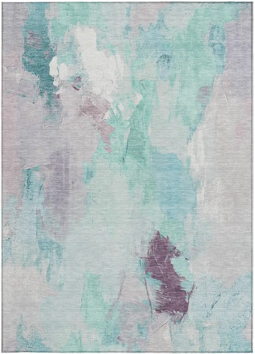 Teal Blue And Lavender Abstract Washable Indoor Outdoor Area Rug Photo 4