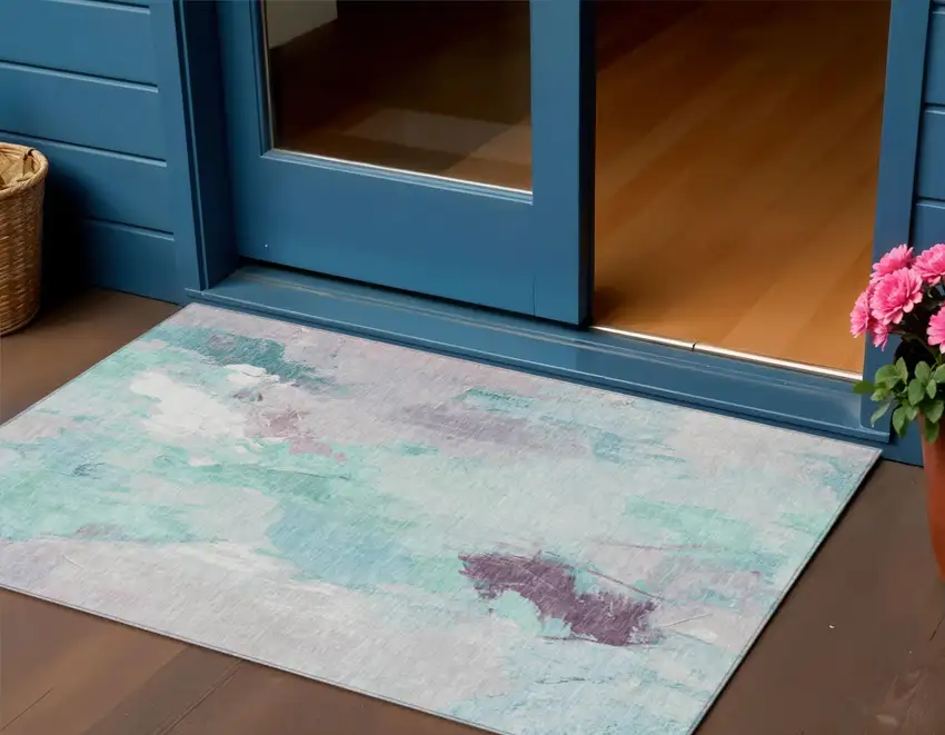 Teal Blue And Lavender Abstract Washable Indoor Outdoor Area Rug Photo 2