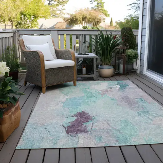 Teal Blue And Lavender Abstract Washable Indoor Outdoor Area Rug Photo 5