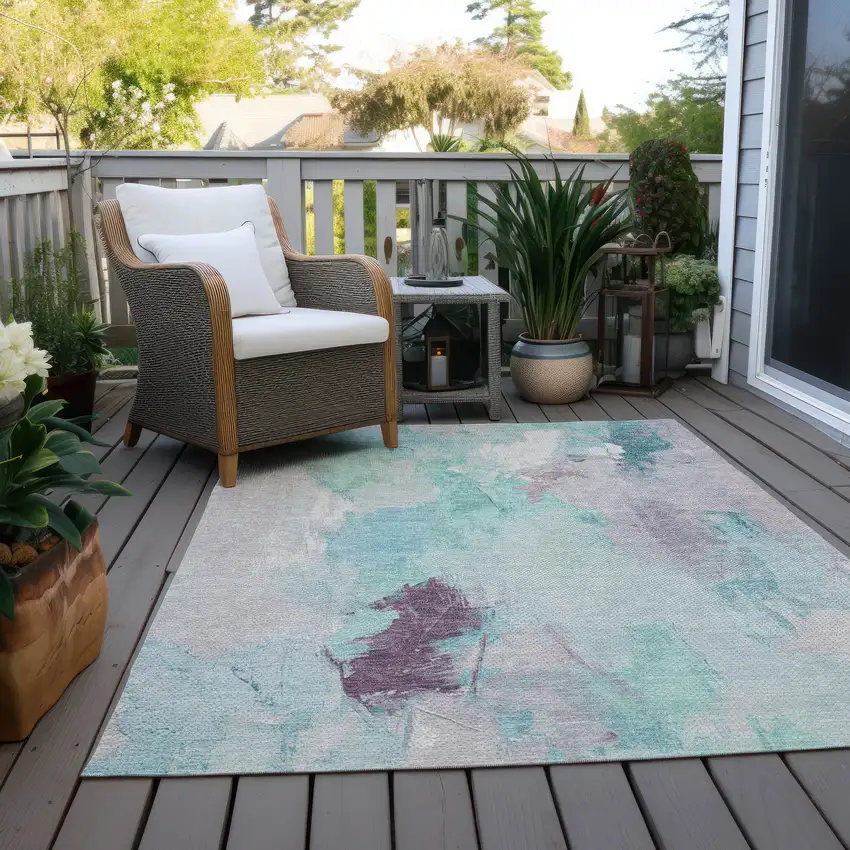 Teal Blue And Lavender Abstract Washable Indoor Outdoor Area Rug Photo 5