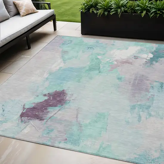 Teal Blue And Lavender Abstract Washable Indoor Outdoor Area Rug Photo 2