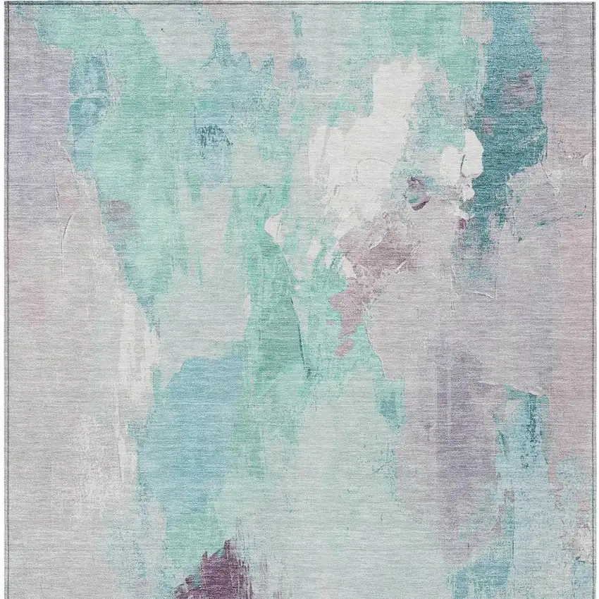 Teal Blue And Lavender Abstract Washable Indoor Outdoor Area Rug Photo 4
