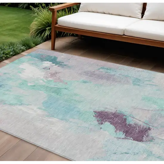 Teal Blue And Lavender Abstract Washable Indoor Outdoor Area Rug Photo 2