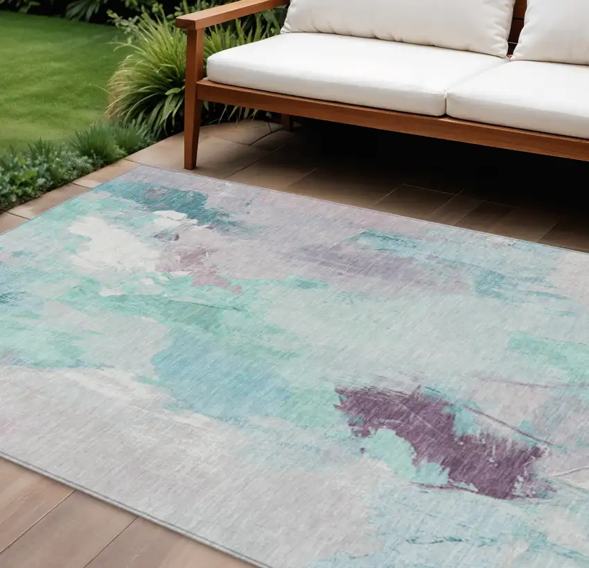 Teal Blue And Lavender Abstract Washable Indoor Outdoor Area Rug Photo 2
