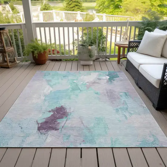 Teal Blue And Lavender Abstract Washable Indoor Outdoor Area Rug Photo 8