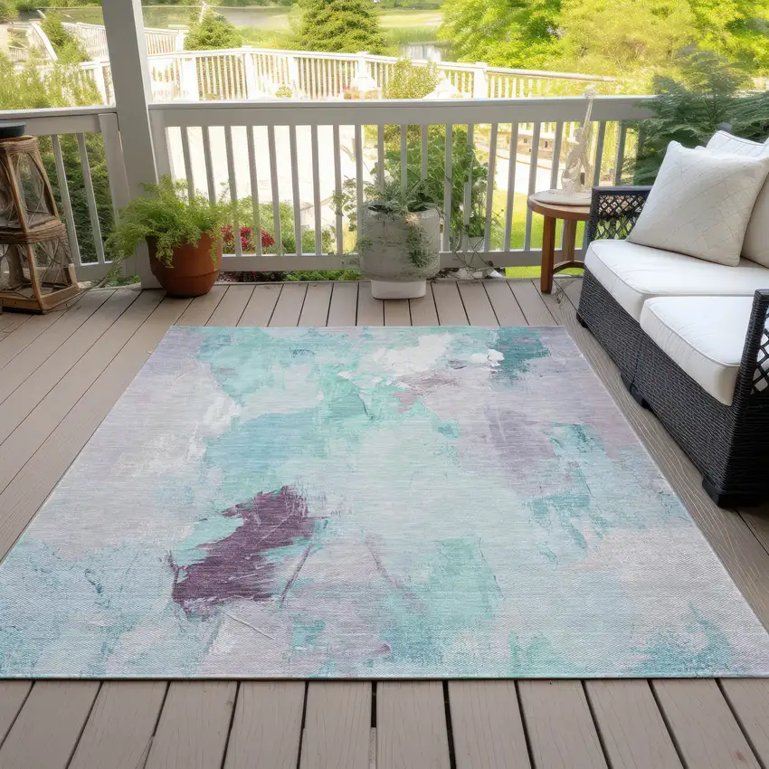 Teal Blue And Lavender Abstract Washable Indoor Outdoor Area Rug Photo 8