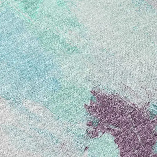 Teal Blue And Lavender Abstract Washable Indoor Outdoor Area Rug Photo 9