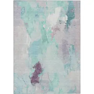 Photo of Teal Blue And Lavender Abstract Washable Indoor Outdoor Area Rug