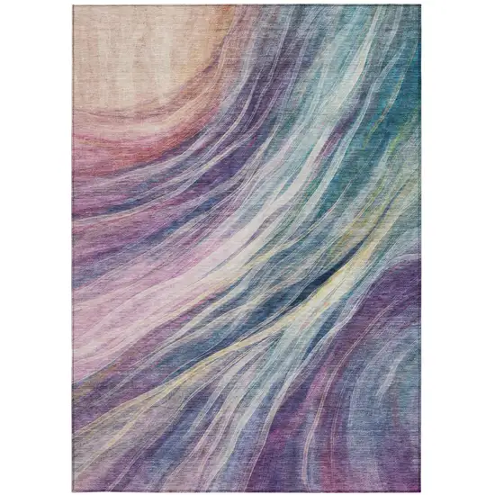 Teal Blue And Lavender Abstract Washable Indoor Outdoor Area Rug Photo 1