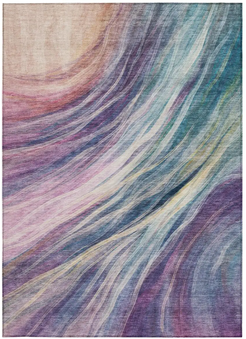 Teal Blue And Lavender Abstract Washable Indoor Outdoor Area Rug Photo 1