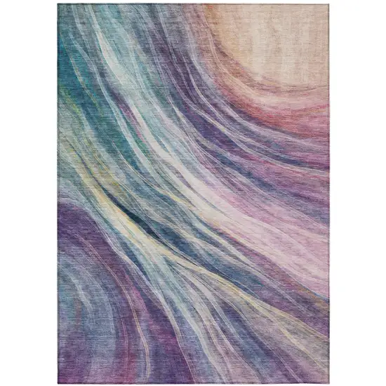 Teal Blue And Lavender Abstract Washable Indoor Outdoor Area Rug Photo 3