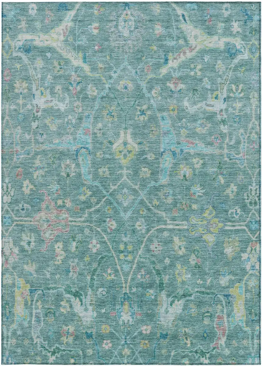 Teal Blue And Lime Green Floral Washable Indoor Outdoor Area Rug Photo 4
