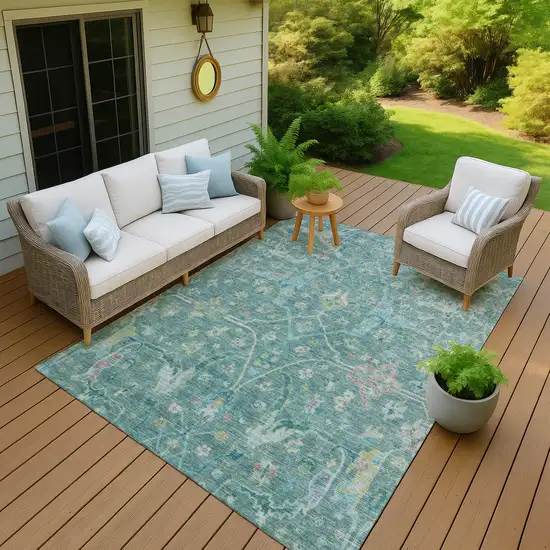 Teal Blue And Lime Green Floral Washable Indoor Outdoor Area Rug Photo 7