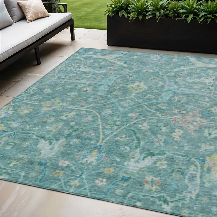 Teal Blue And Lime Green Floral Washable Indoor Outdoor Area Rug Photo 1