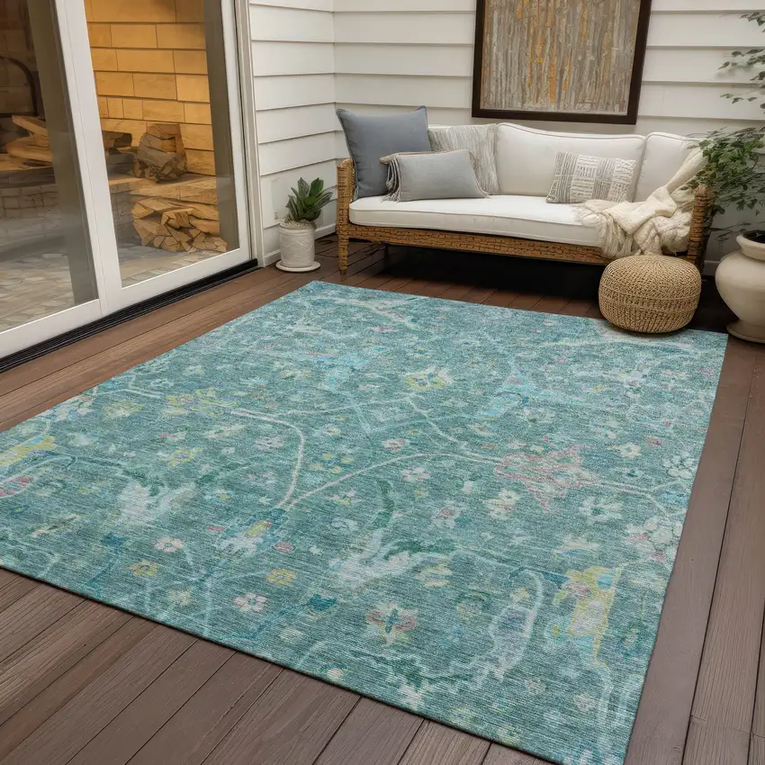 Teal Blue And Lime Green Floral Washable Indoor Outdoor Area Rug Photo 9