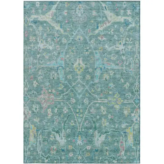Teal Blue And Lime Green Floral Washable Indoor Outdoor Area Rug Photo 4