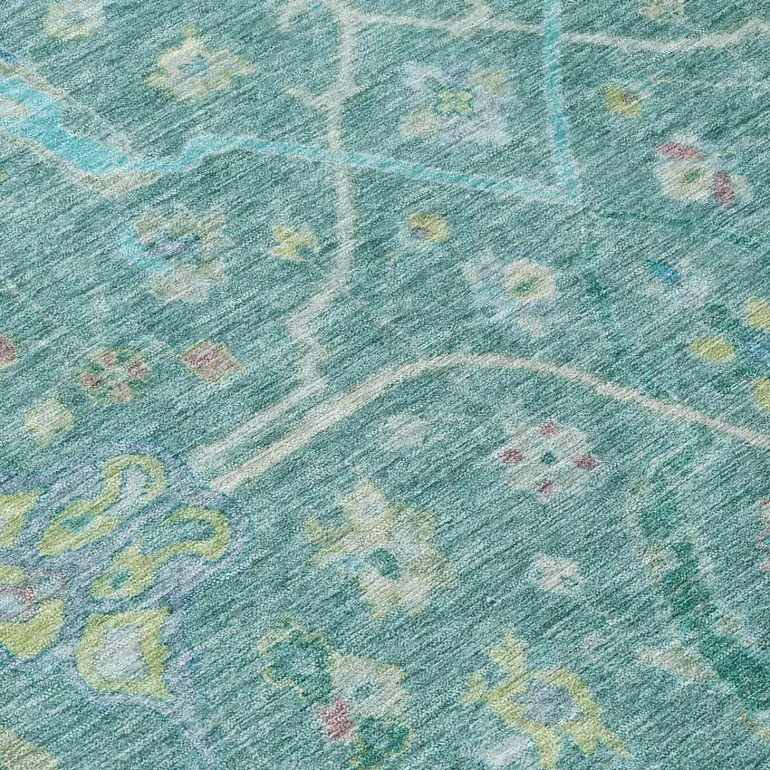 Teal Blue And Lime Green Floral Washable Indoor Outdoor Area Rug Photo 6
