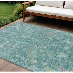 Photo of Teal Blue And Lime Green Floral Washable Indoor Outdoor Area Rug