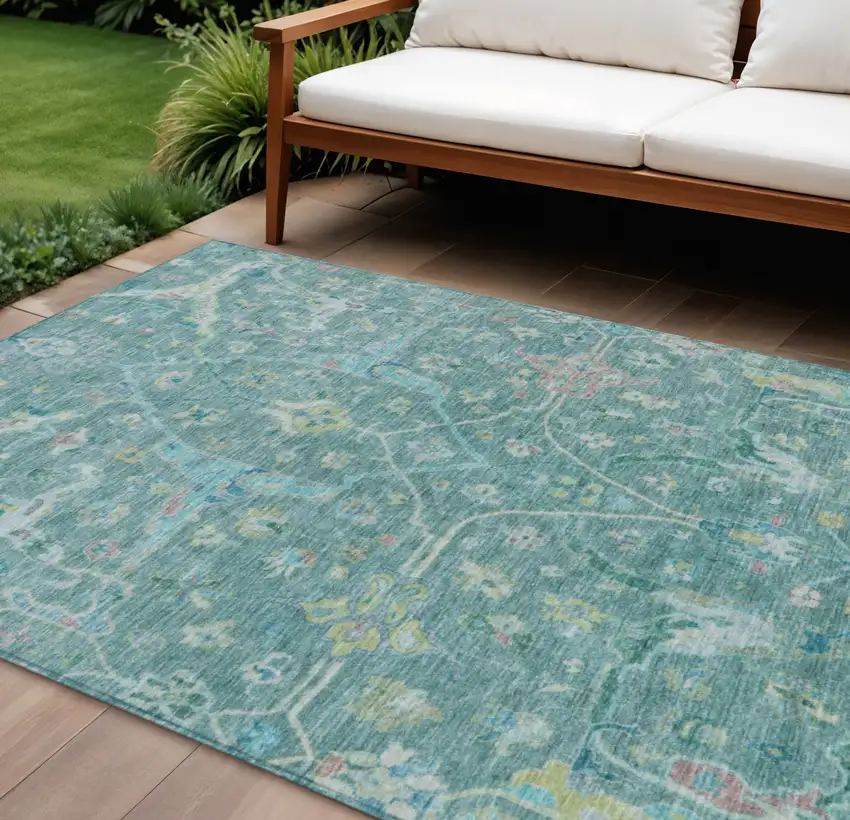 Teal Blue And Lime Green Floral Washable Indoor Outdoor Area Rug Photo 1