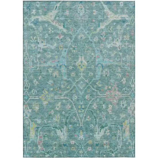 Teal Blue And Lime Green Floral Washable Indoor Outdoor Area Rug Photo 2