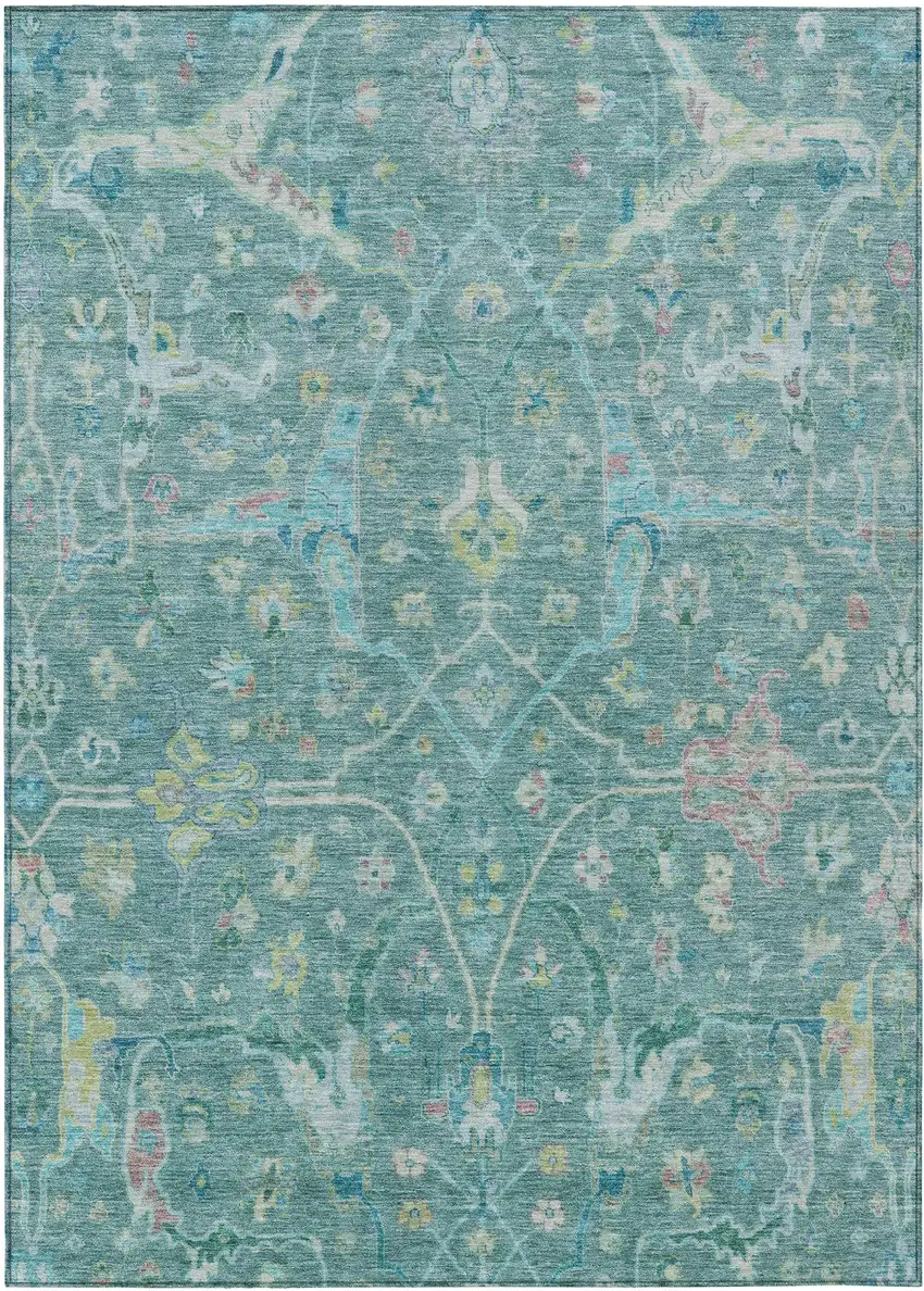 Teal Blue And Lime Green Floral Washable Indoor Outdoor Area Rug Photo 2