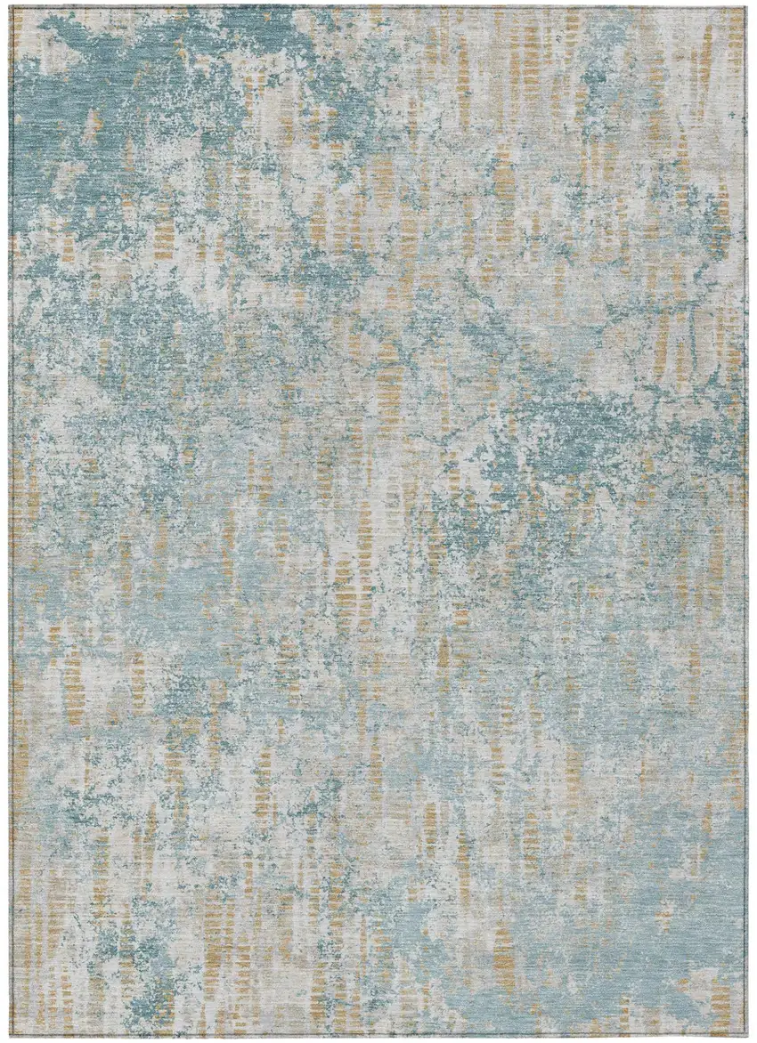 Teal Blue And Linen Abstract Washable Indoor Outdoor Area Rug Photo 2