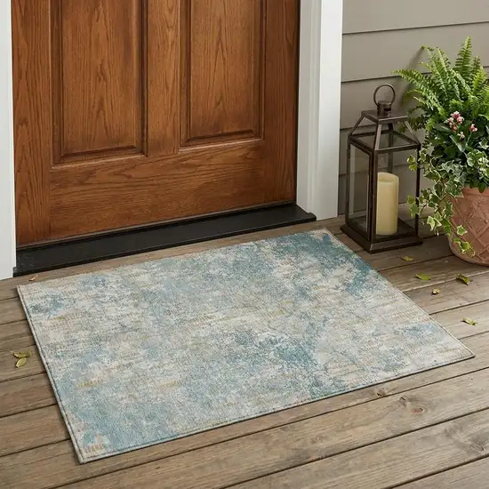 Teal Blue And Linen Abstract Washable Indoor Outdoor Area Rug Photo 1