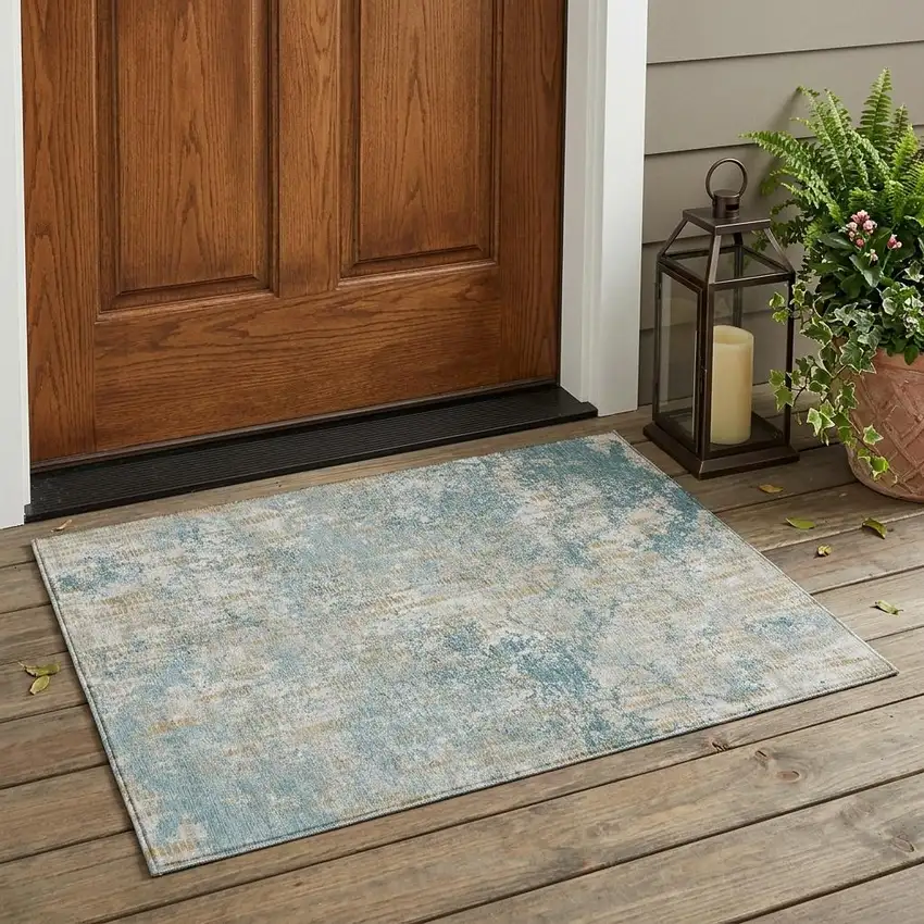Teal Blue And Linen Abstract Washable Indoor Outdoor Area Rug Photo 1