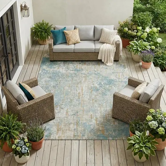 Teal Blue And Linen Abstract Washable Indoor Outdoor Area Rug Photo 1