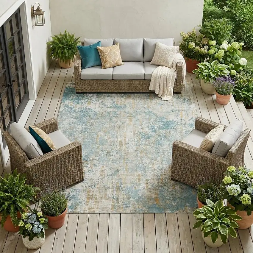 Teal Blue And Linen Abstract Washable Indoor Outdoor Area Rug Photo 1
