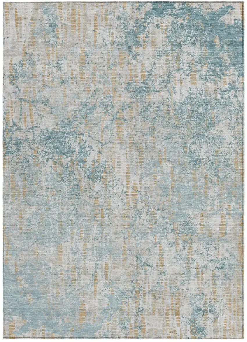 Teal Blue And Linen Abstract Washable Indoor Outdoor Area Rug Photo 4