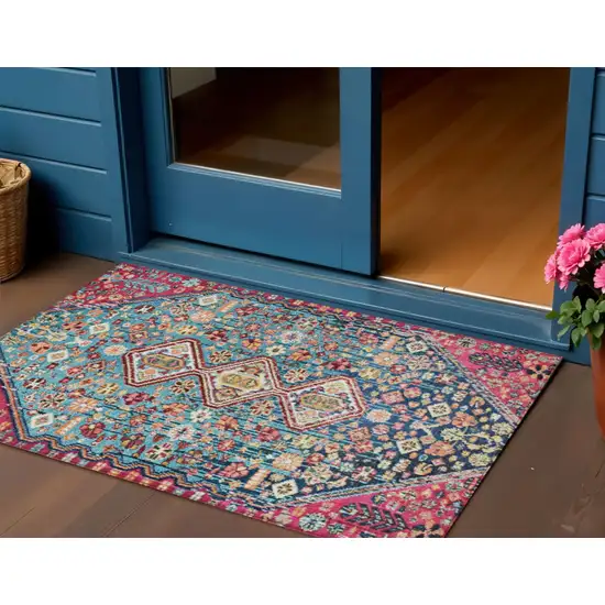 Teal Blue And Merlot Aztec Washable Indoor Outdoor Area Rug Photo 2