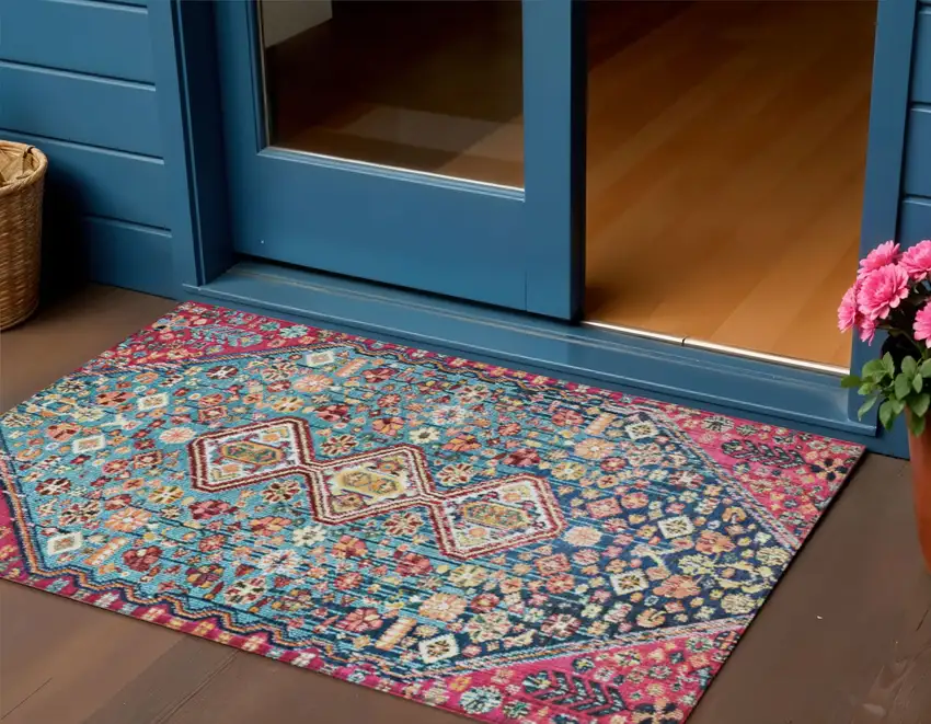 Teal Blue And Merlot Aztec Washable Indoor Outdoor Area Rug Photo 2