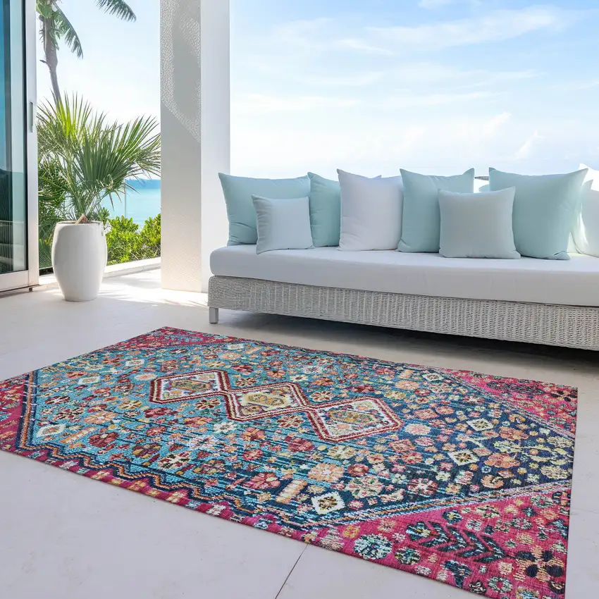Teal Blue And Merlot Aztec Washable Indoor Outdoor Area Rug Photo 5