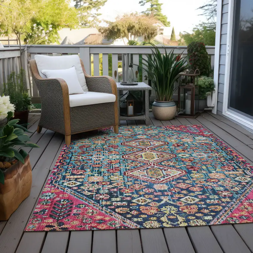 Teal Blue And Merlot Aztec Washable Indoor Outdoor Area Rug Photo 8