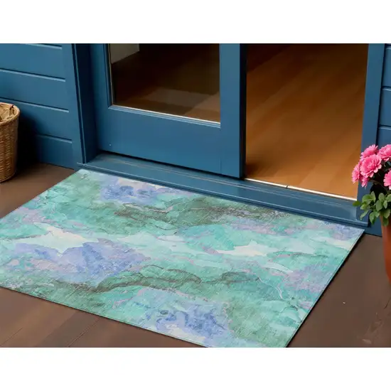 Teal Blue And Mint Green Abstract Washable Indoor Outdoor Area Rug Photo 2