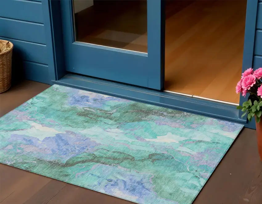 Teal Blue And Mint Green Abstract Washable Indoor Outdoor Area Rug Photo 2