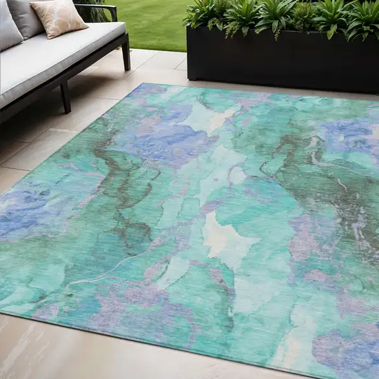 Teal Blue And Mint Green Abstract Washable Indoor Outdoor Area Rug Photo 2