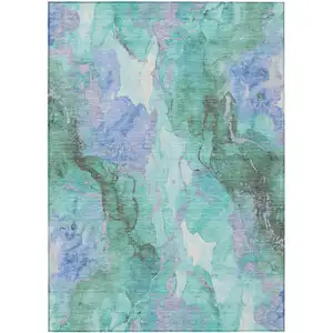 Photo of Teal Blue And Mint Green Abstract Washable Indoor Outdoor Area Rug