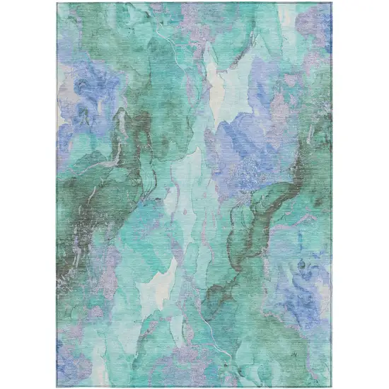 Teal Blue And Mint Green Abstract Washable Indoor Outdoor Area Rug Photo 1