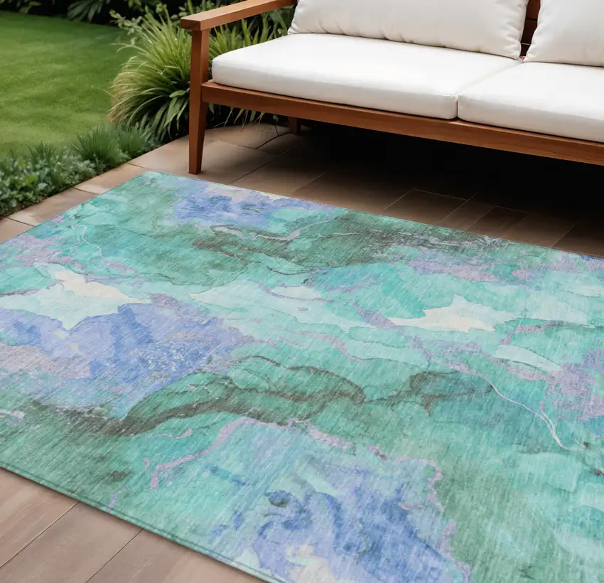 Teal Blue And Mint Green Abstract Washable Indoor Outdoor Area Rug Photo 2