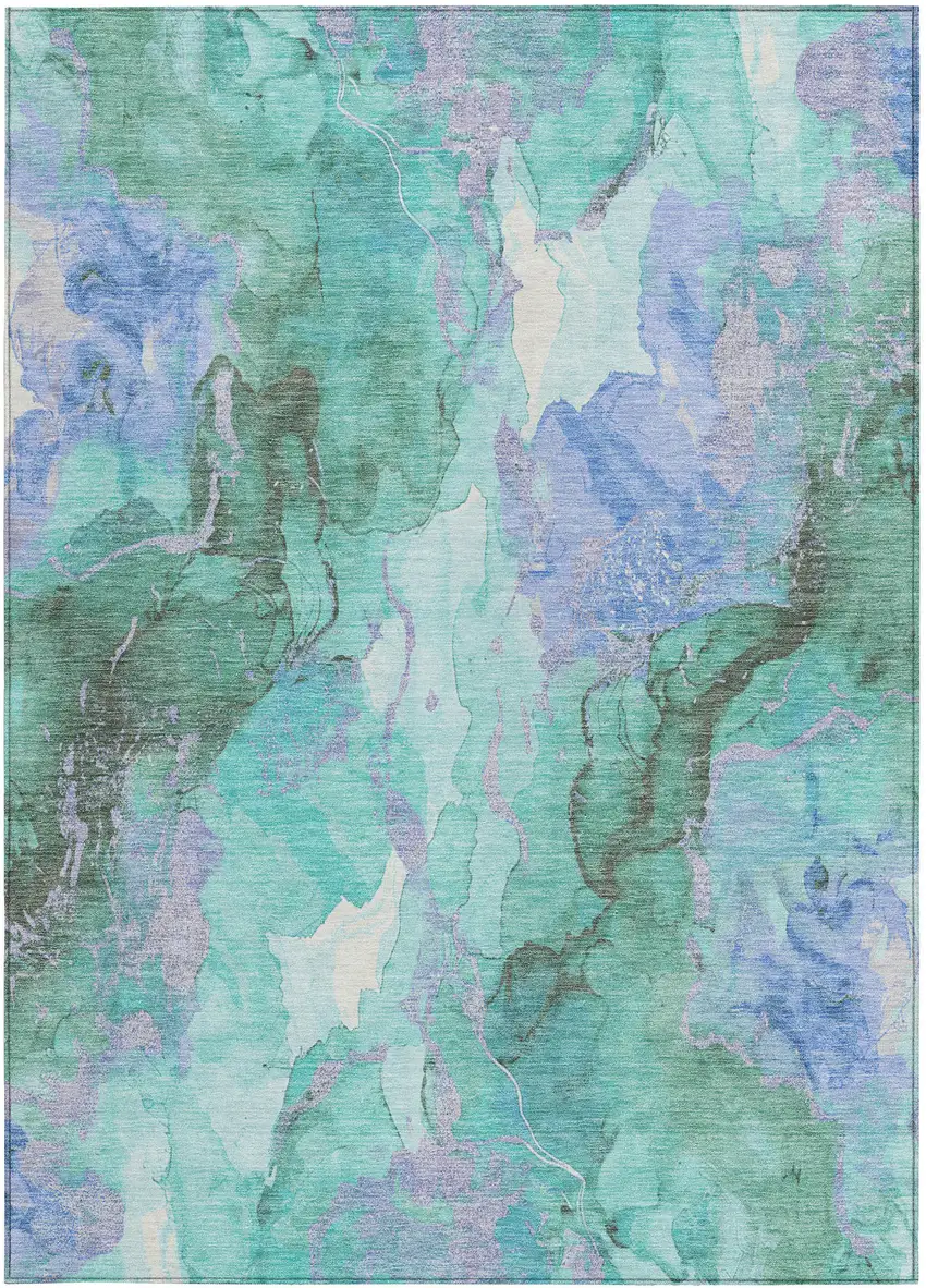 Teal Blue And Mint Green Abstract Washable Indoor Outdoor Area Rug Photo 1
