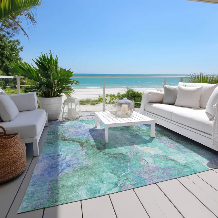 Teal Blue And Mint Green Abstract Washable Indoor Outdoor Area Rug Photo 7