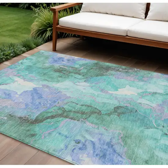 Teal Blue And Mint Green Abstract Washable Indoor Outdoor Area Rug Photo 2