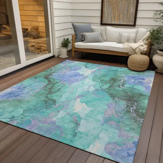 Teal Blue And Mint Green Abstract Washable Indoor Outdoor Area Rug Photo 5