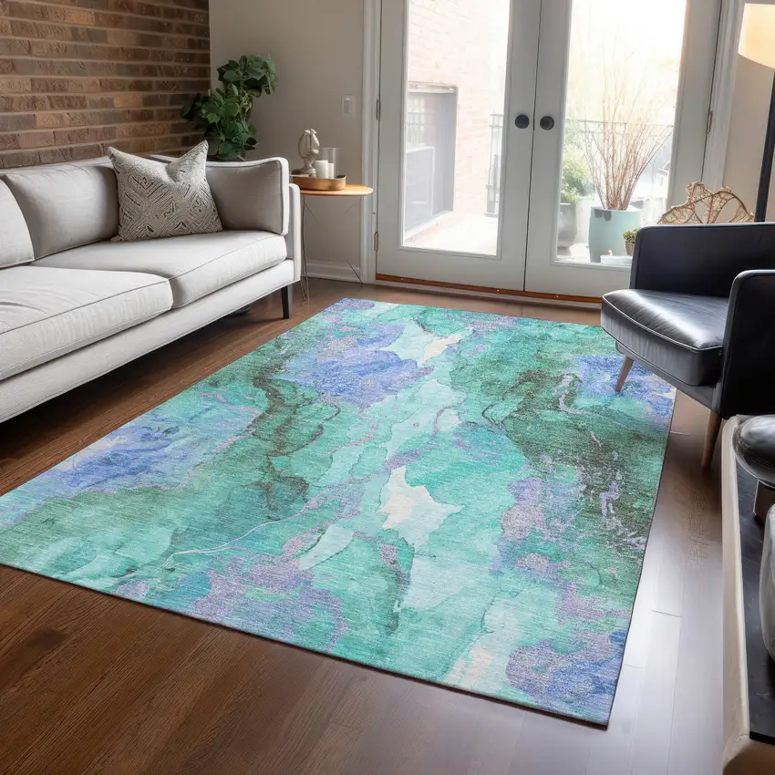 Teal Blue And Mint Green Abstract Washable Indoor Outdoor Area Rug Photo 6