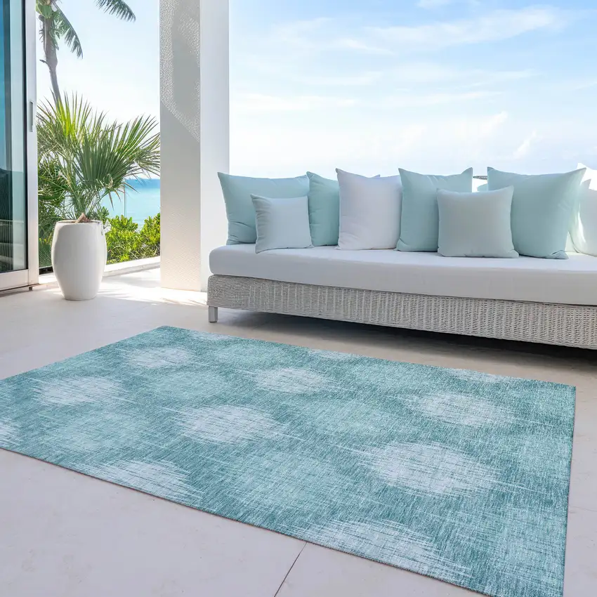 Teal Blue And Mint Green Ikat Washable Indoor Outdoor Area Rug Photo 8