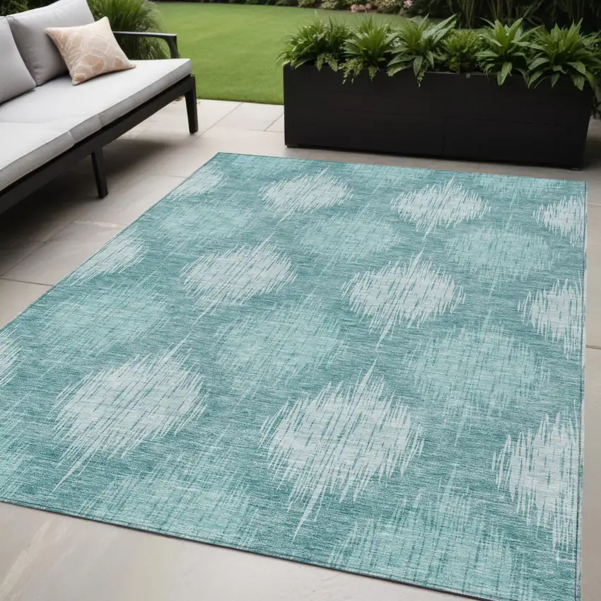 Teal Blue And Mint Green Ikat Washable Indoor Outdoor Area Rug Photo 1